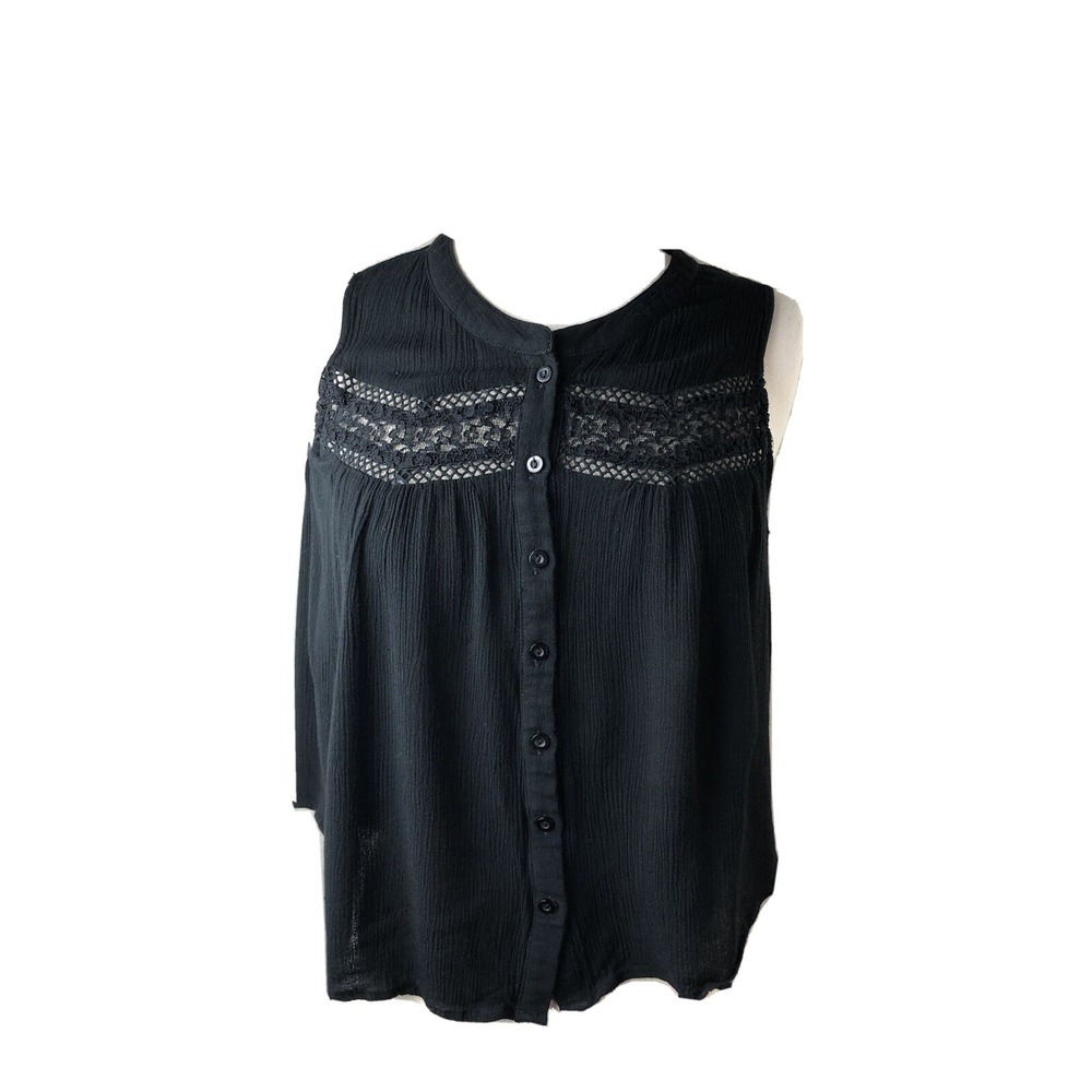 PAPERMOON‎ Womens Small Black Button Front Tank Top Shirt Boho Flowy
